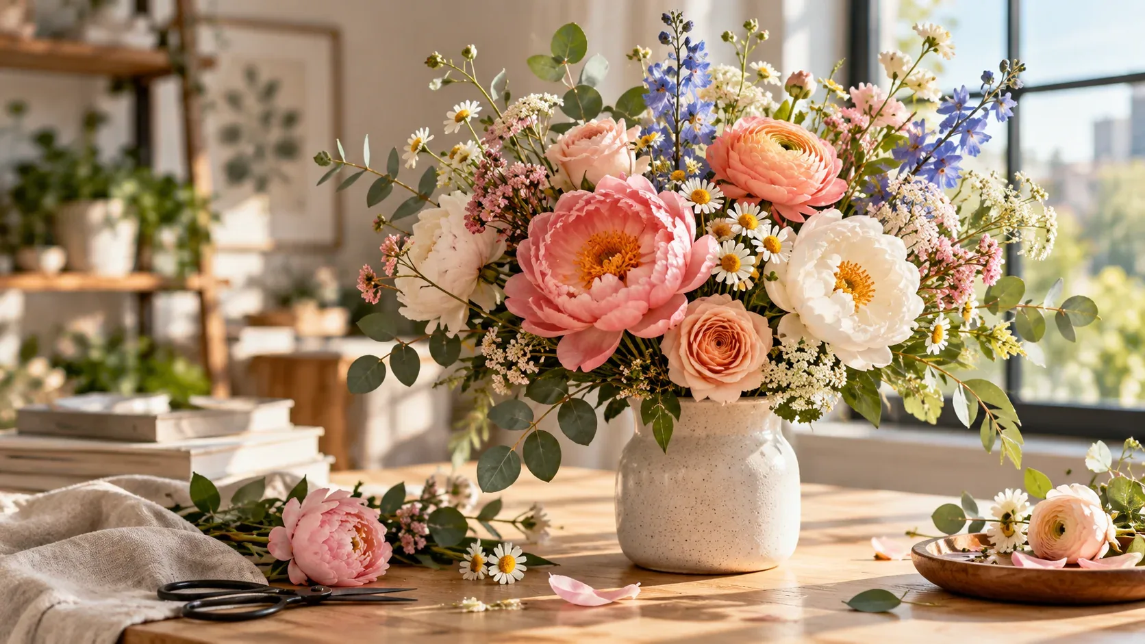 Colorful bouquet of peonies roses daisies and blue flowers arranged beside a sunlit window