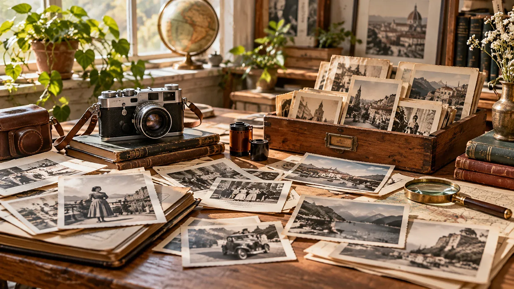Vintage camera and historical black-and-white photographs arranged on an old wooden desk