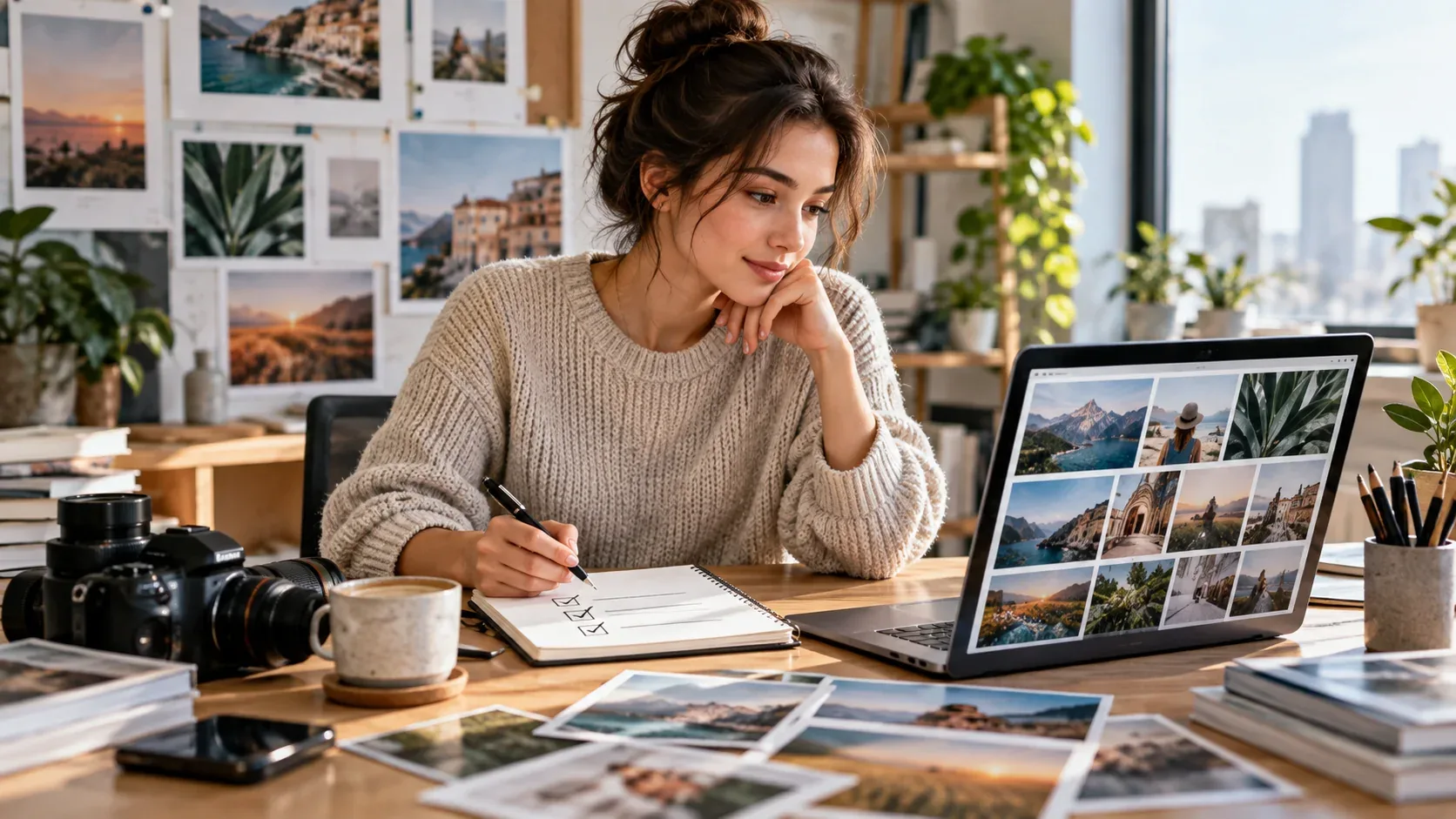 Creative professional reviewing a collection of stock photographs in a bright photography studio