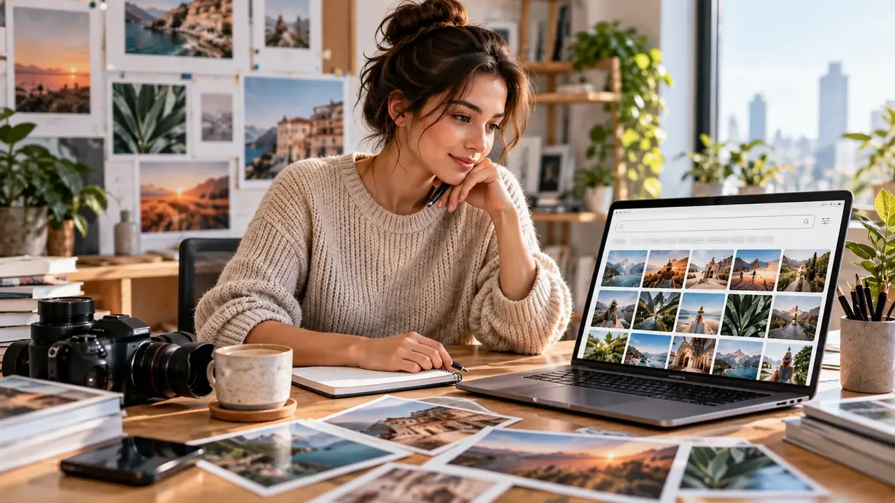 Editorial visual for websites to sell stock photos showing a modern stock-image, creative, or licensing workflow