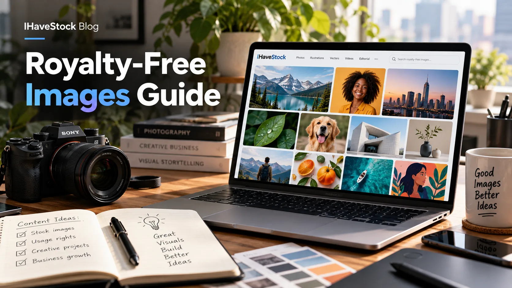 Creative professional browsing royalty-free travel and stock images on a desktop computer