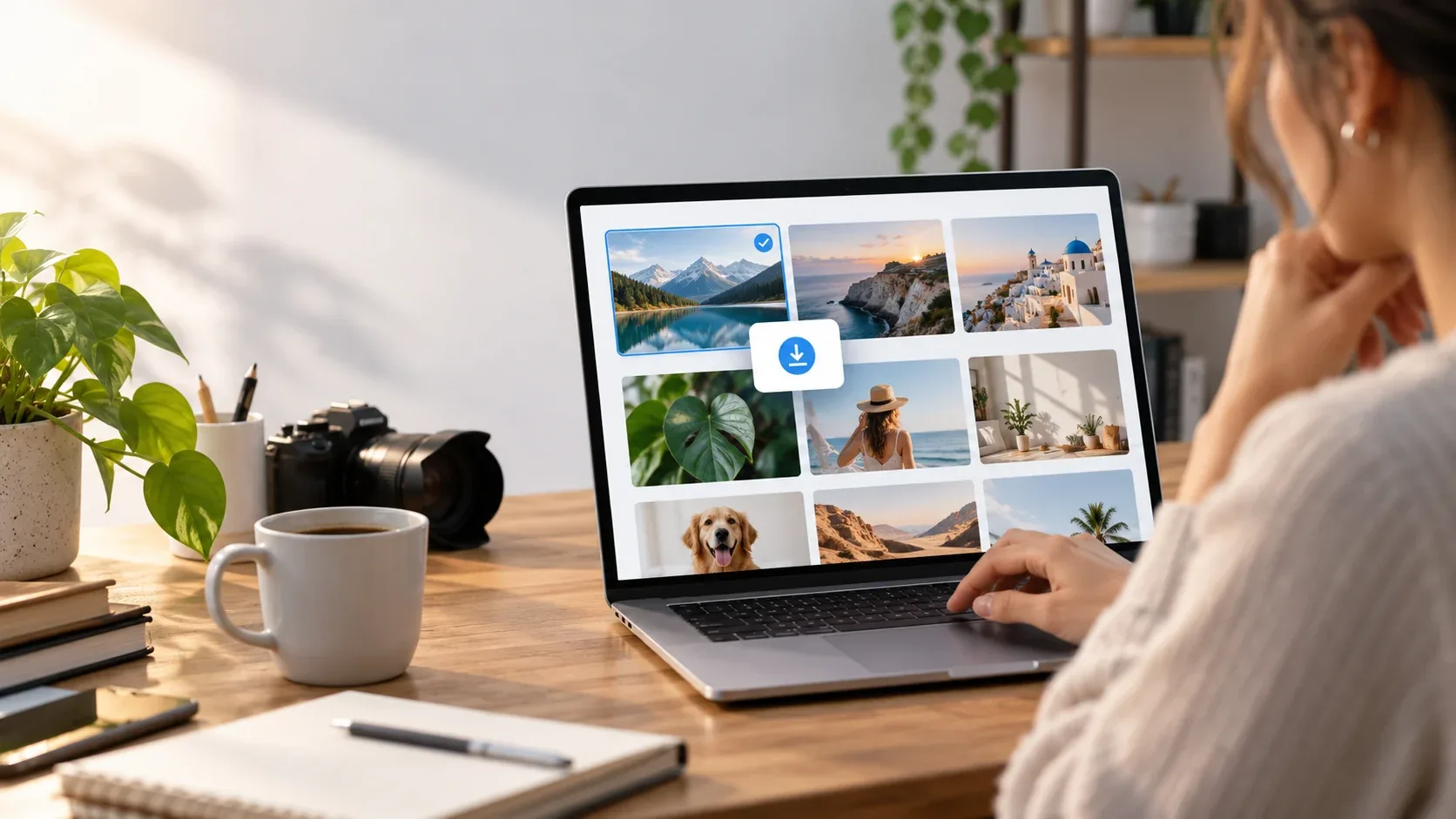 Designer selecting and downloading stock photography from a curated image grid
