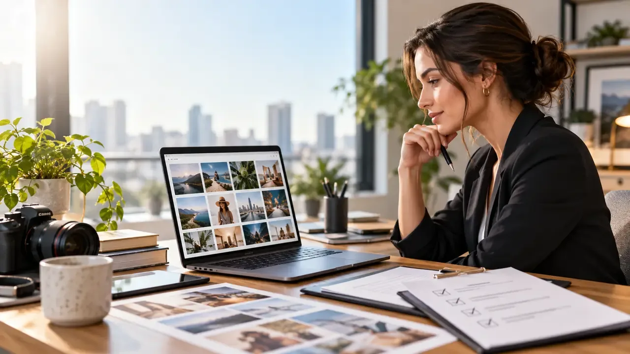 Editorial visual for free stock images commercial use showing a modern stock-image, creative, or licensing workflow