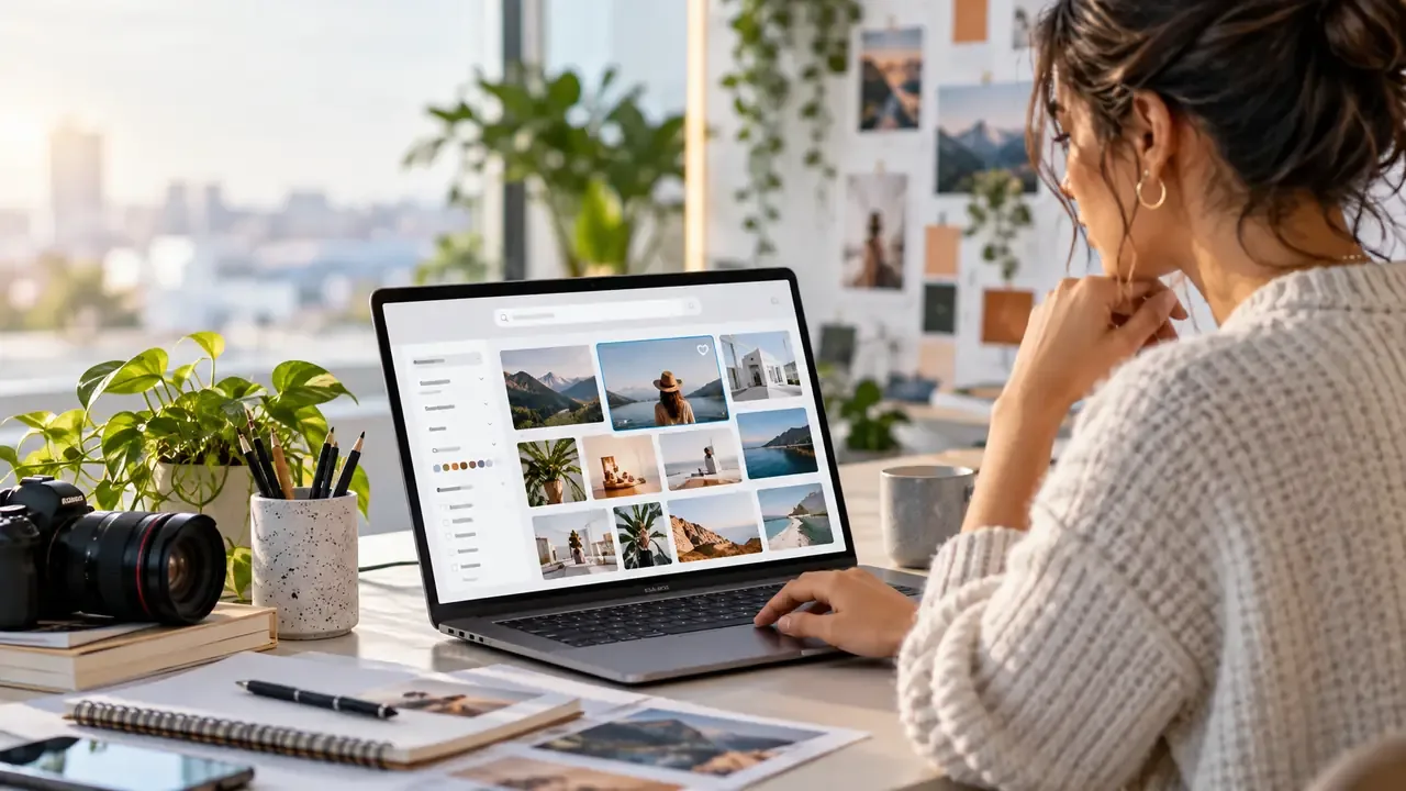 Editorial visual for free stock images photos showing a modern stock-image, creative, or licensing workflow