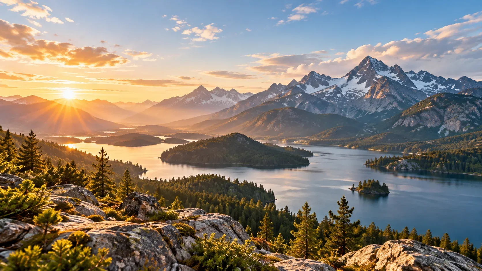 Wide alpine mountain and lake landscape illuminated by warm sunrise light
