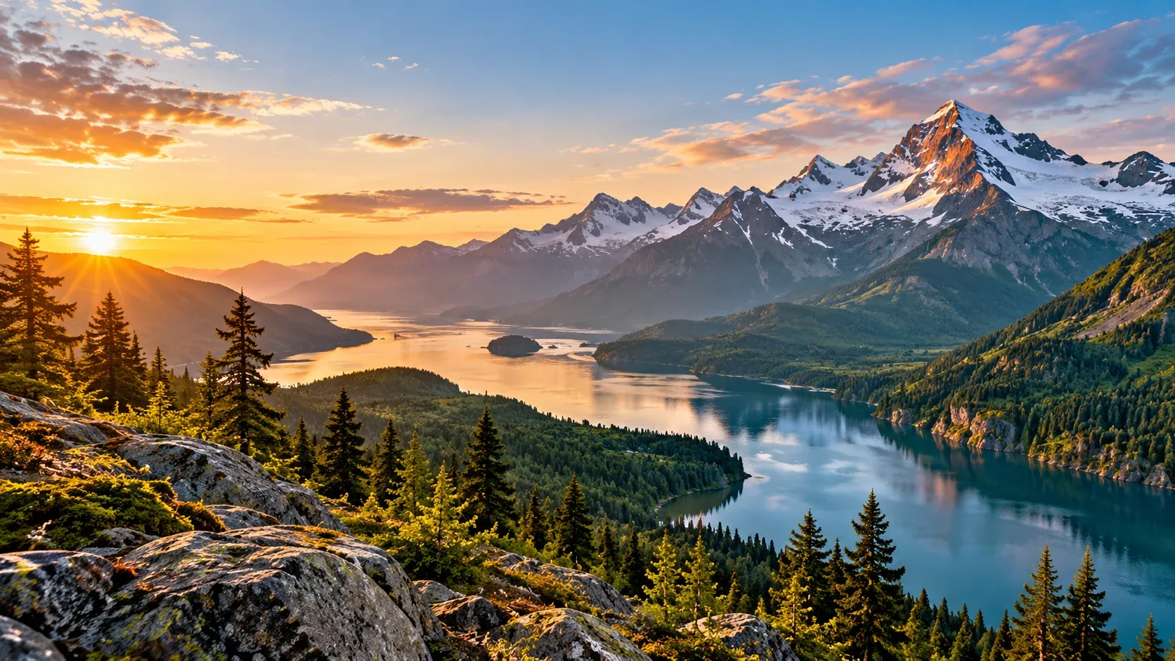 Mountain lake and forest landscape illuminated by warm golden-hour sunlight