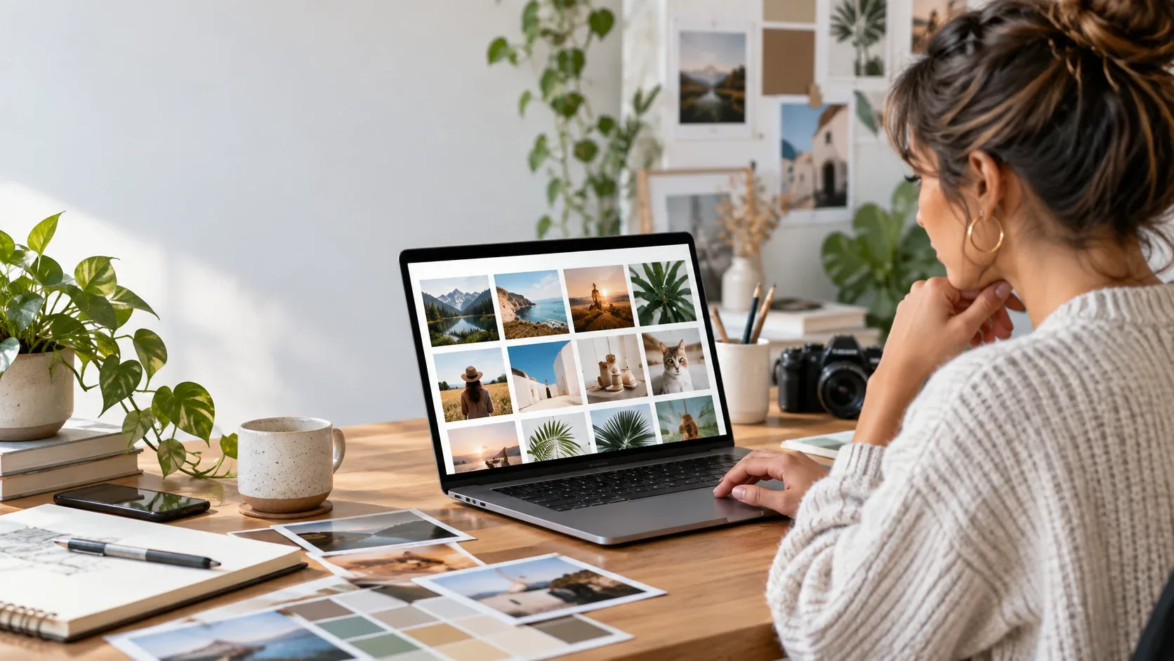 Creative professional reviewing a curated stock image moodboard on a laptop