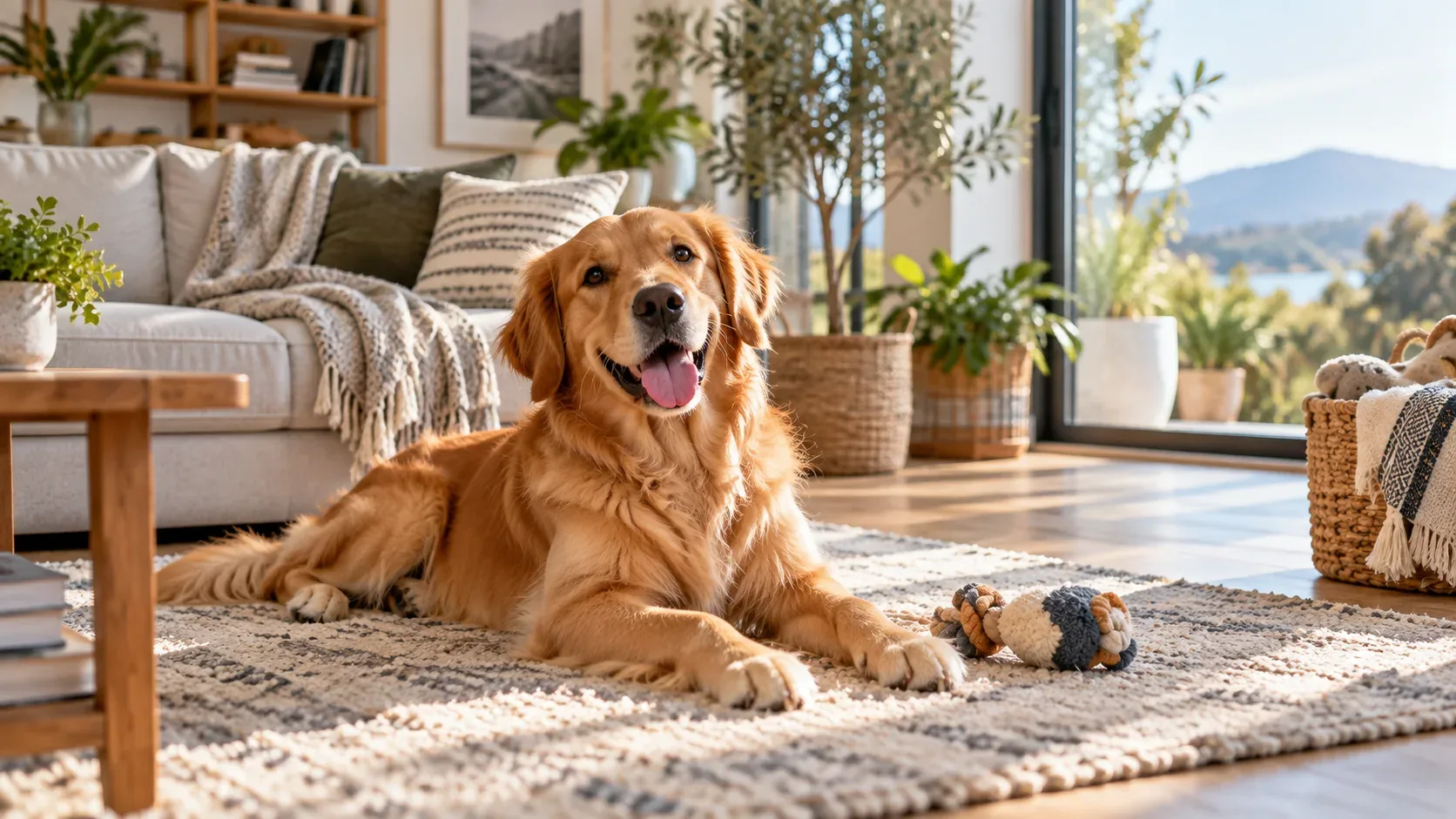 Golden retriever relaxing in a warm modern living room with natural window light