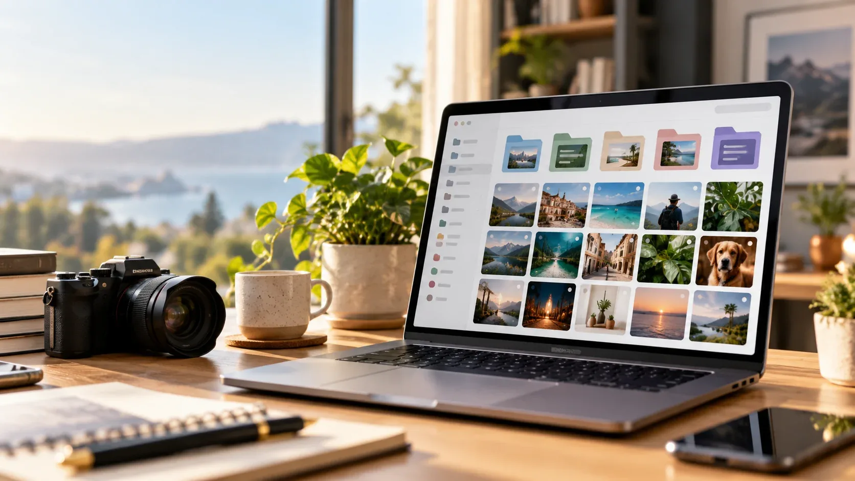 Organized digital stock image library displayed on a laptop beside a camera