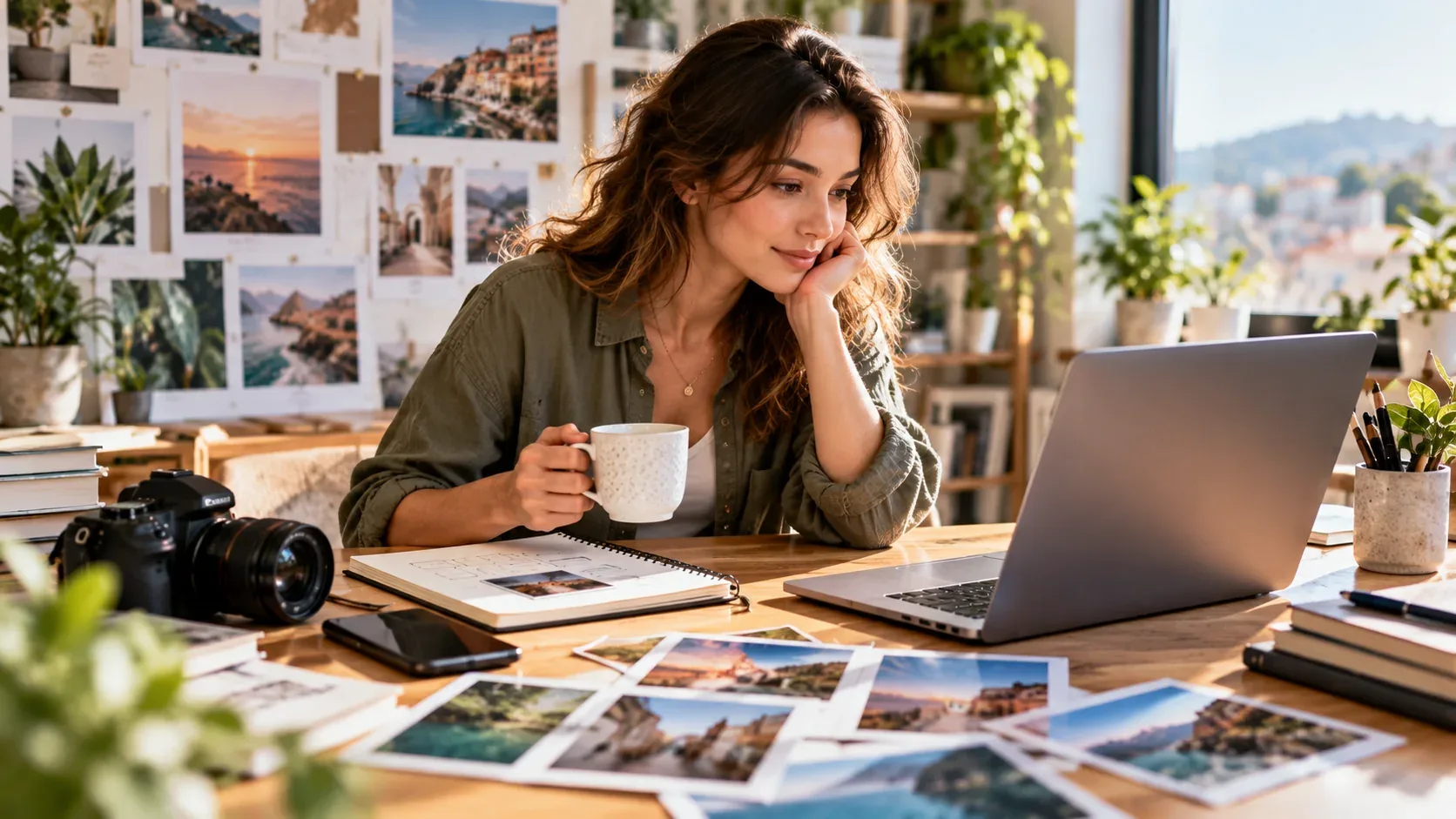 Travel blogger working on a laptop at a bright desk surrounded by photographs and a camera