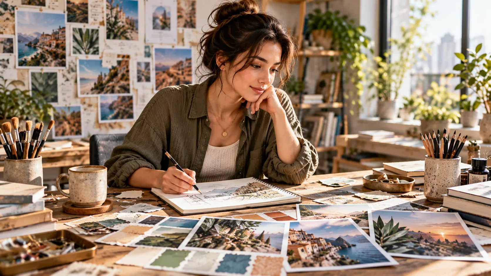 Artist sketching at a sunlit desk surrounded by visual references photographs and creative materials