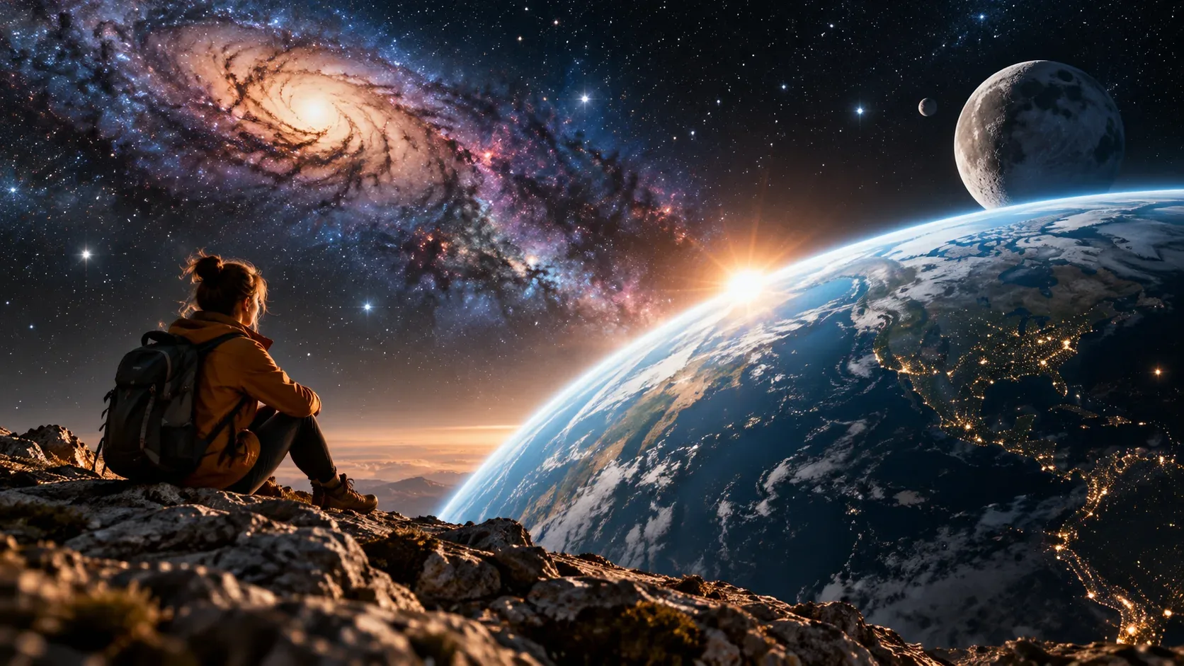 Cinematic space scene with Earth a galaxy and a person observing the cosmic horizon