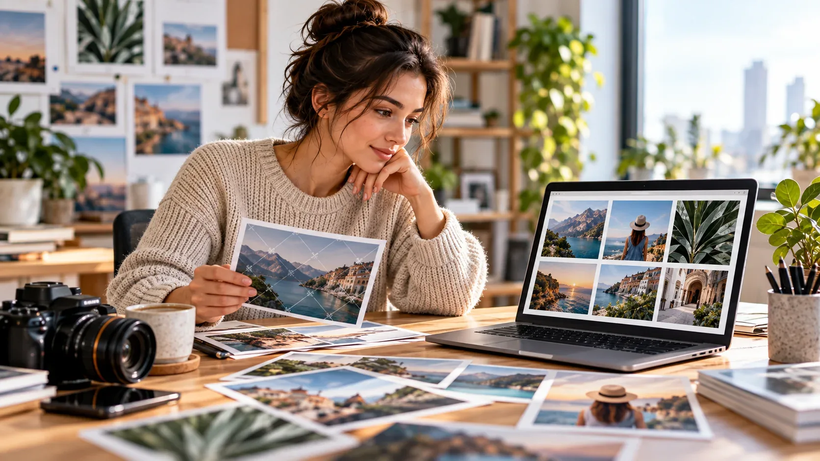 Creative professional comparing a marked image preview with clean stock photographs on a laptop