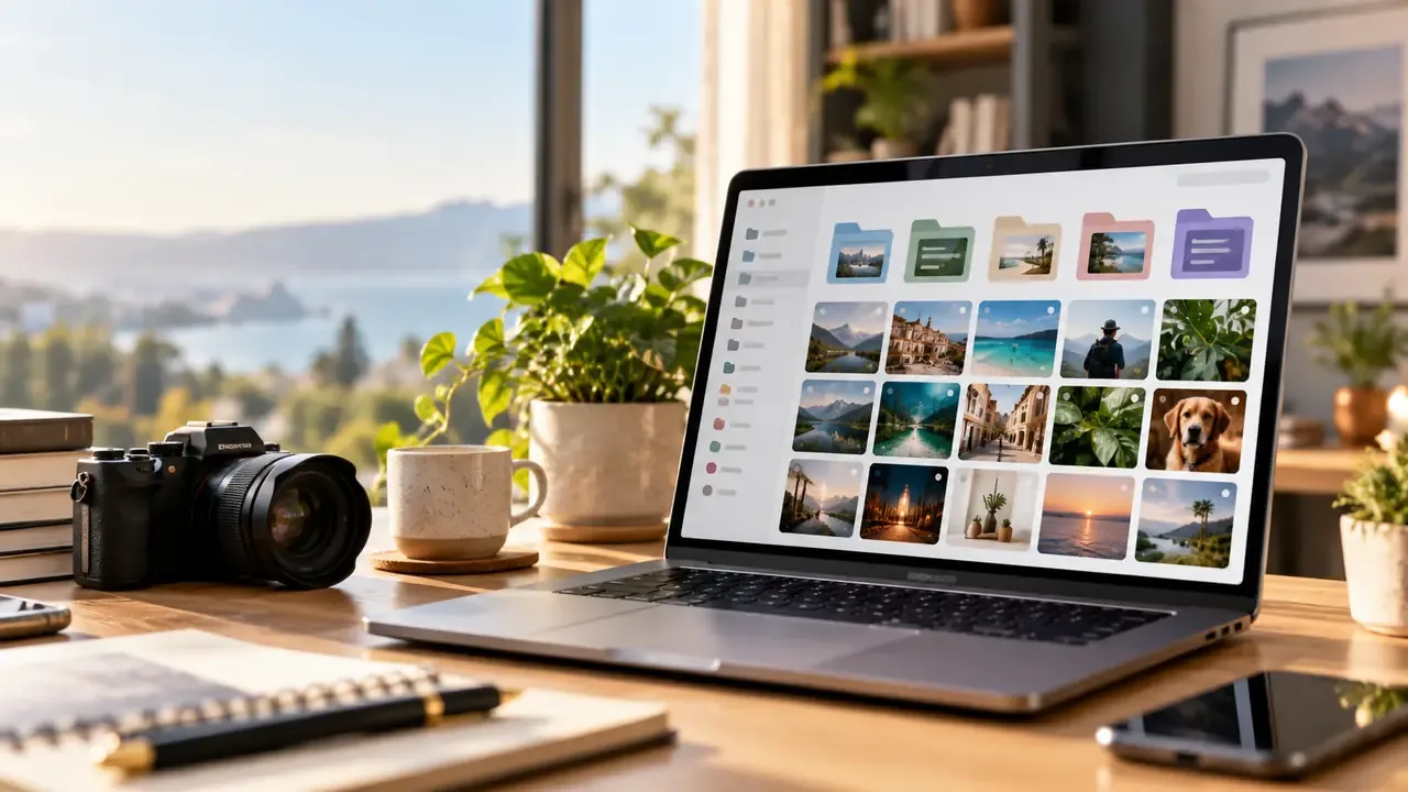 Editorial visual for good stock photo sites showing a modern stock-image, creative, or licensing workflow