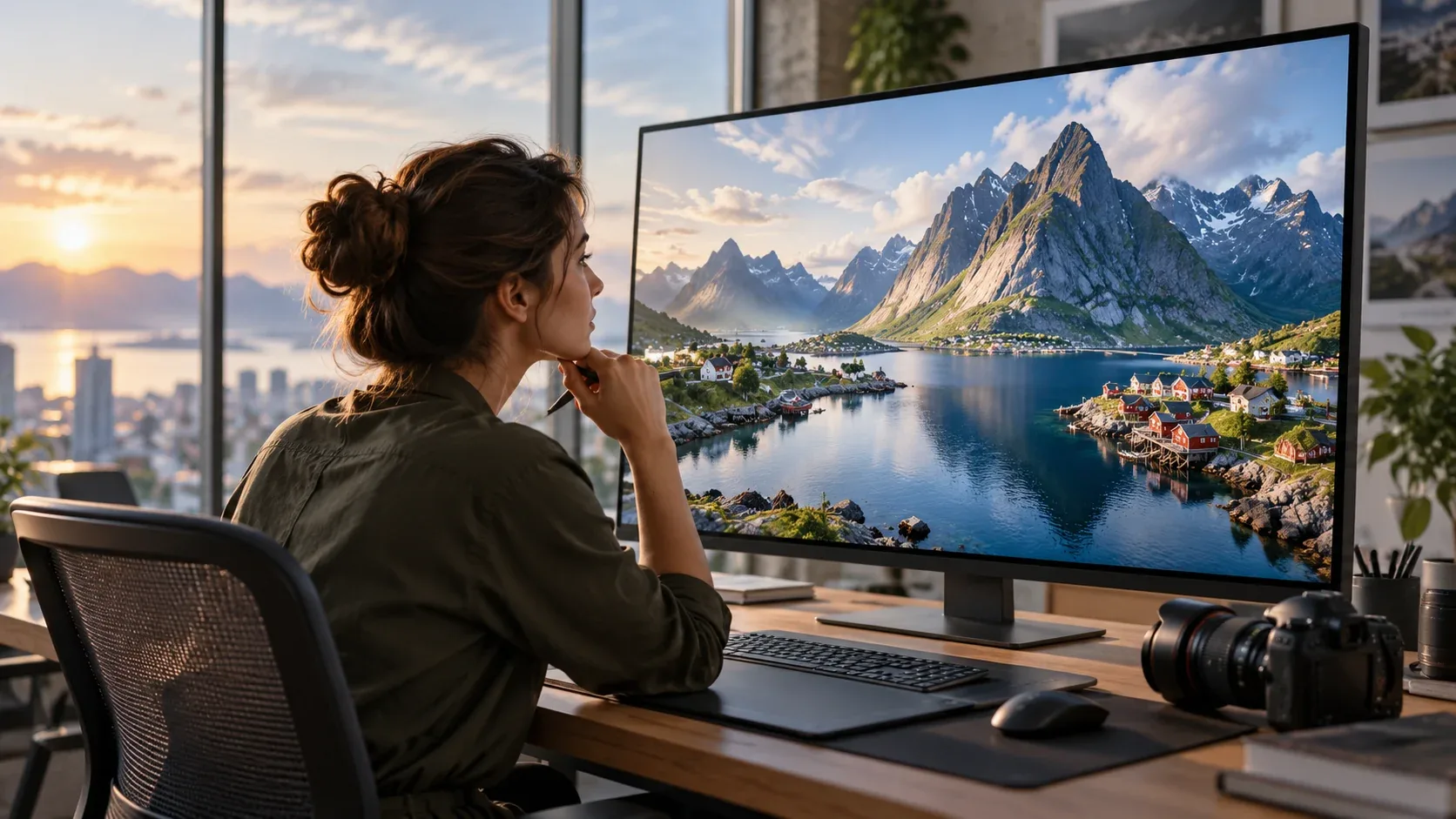 Photographer reviewing a detailed high-resolution mountain landscape on a large monitor