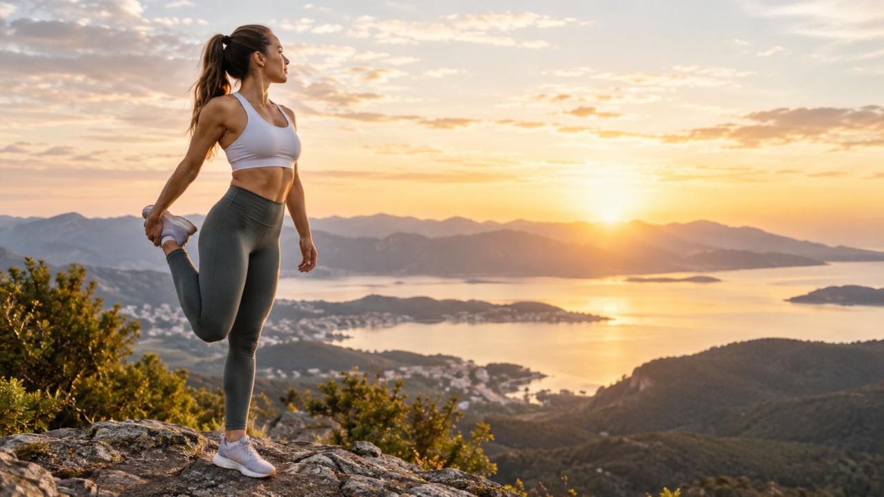 Fitness woman stretching mountain sunrise