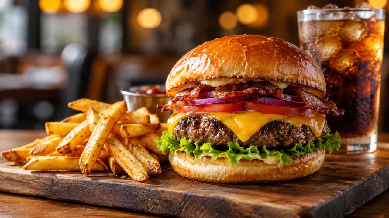 Gourmet cheeseburger fries restaurant food