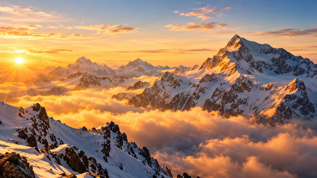Snowy alps mountains golden sunrise clouds