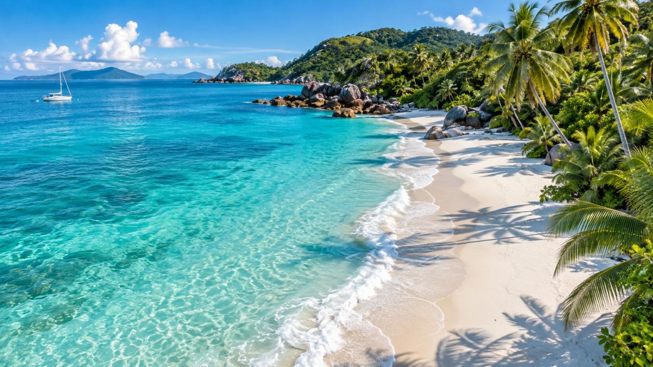 Tropical beach turquoise water white sand island