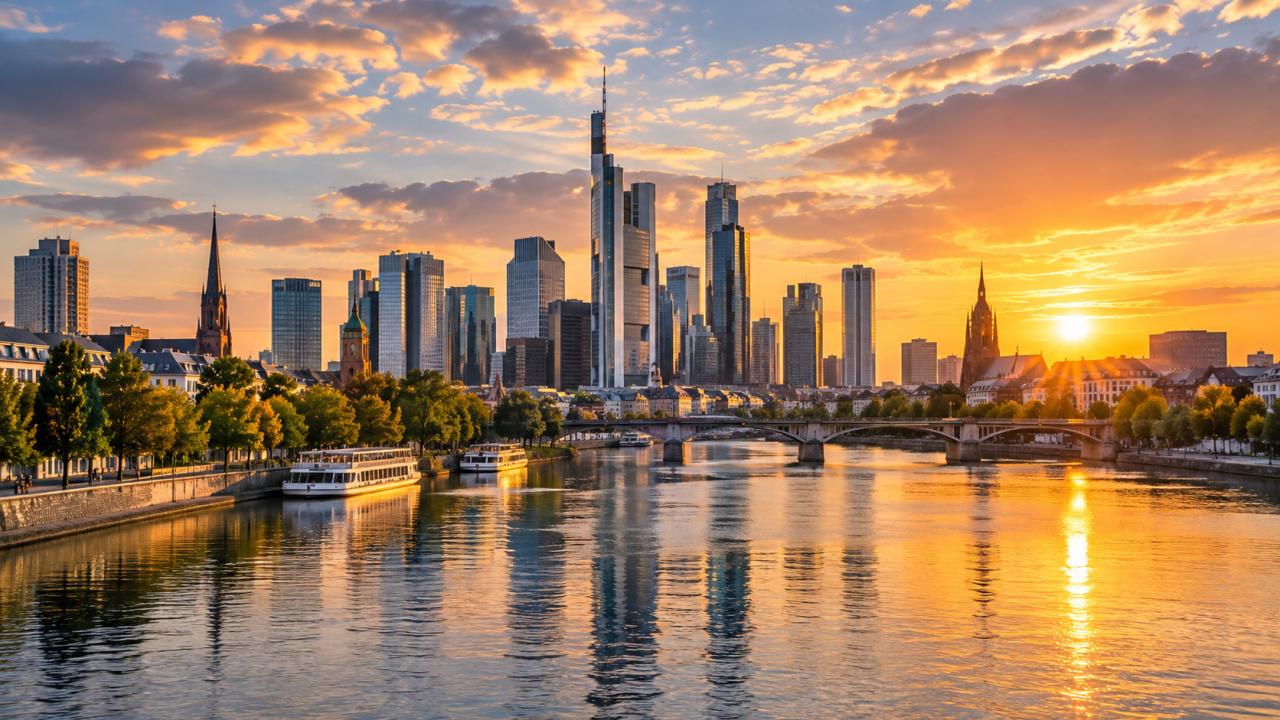 Modern city skyline river golden sunset