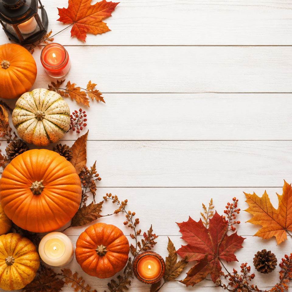 Autumn pumpkin maple leaves white wood background