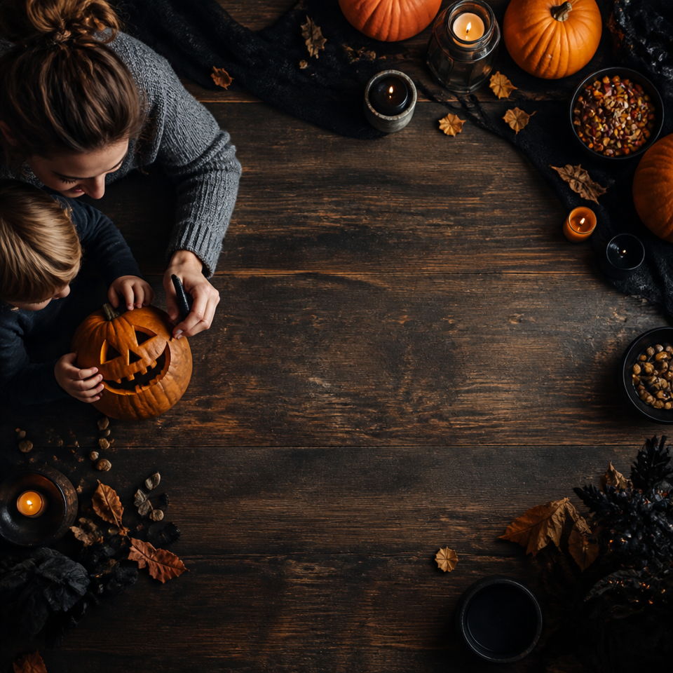 Family carving jack o lantern overhead table