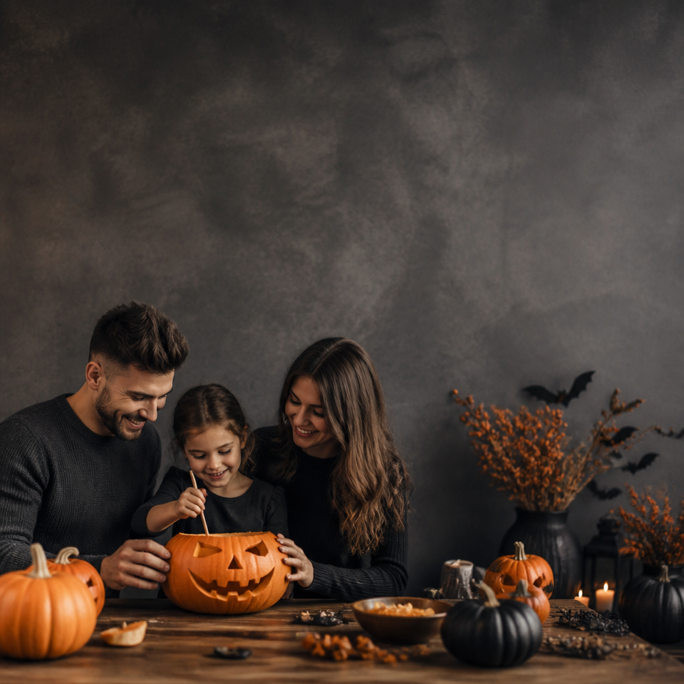 Family carving pumpkin dark halloween table
