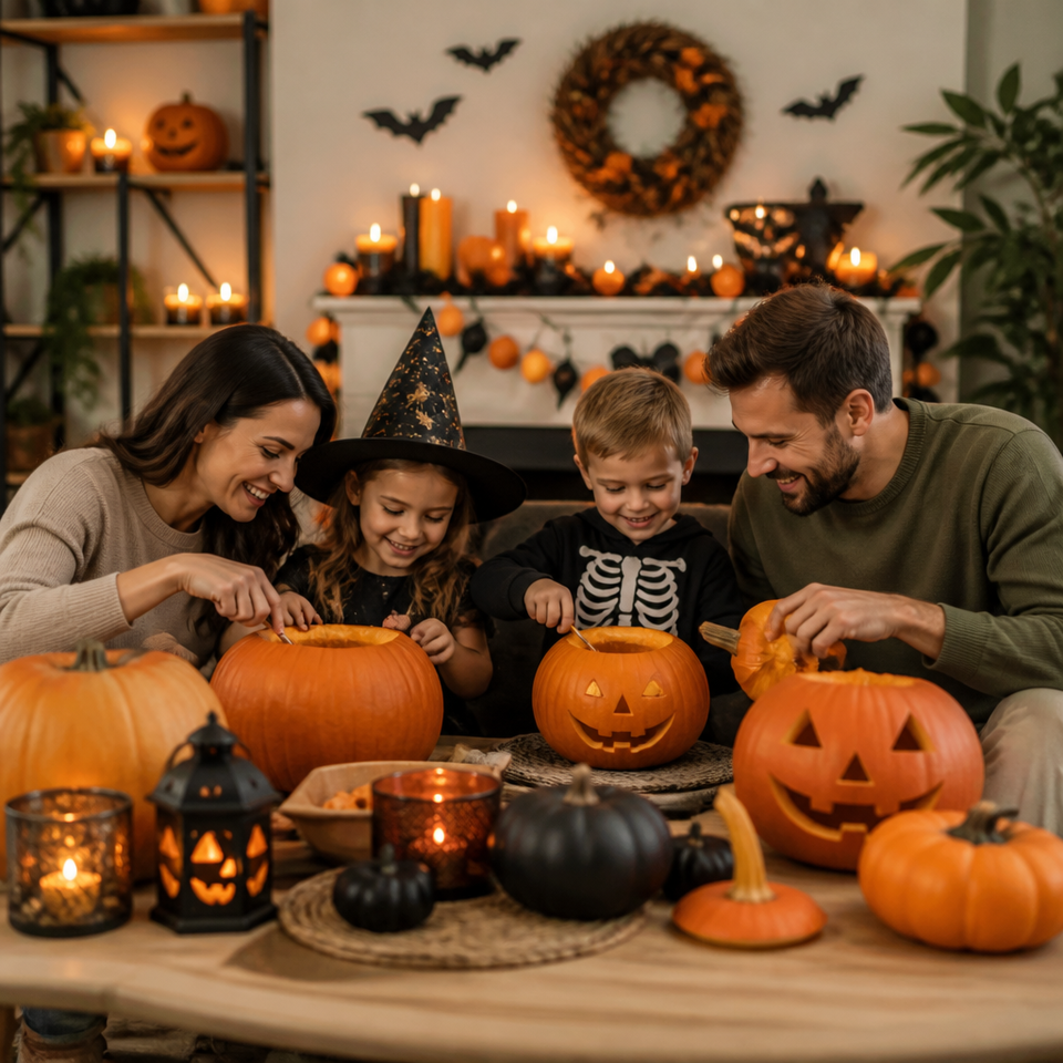 Family carving pumpkins halloween home table