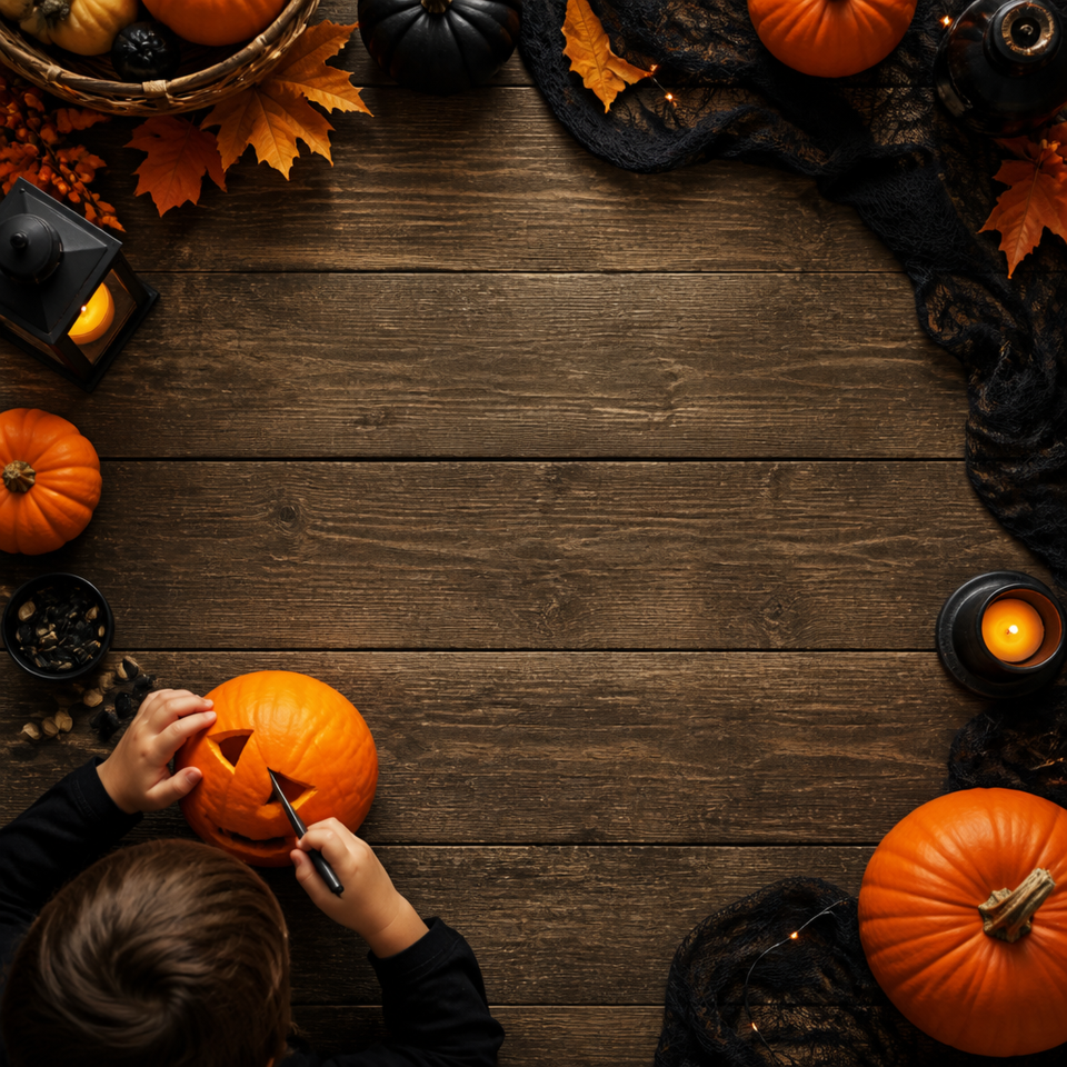 Child carving pumpkin overhead halloween table
