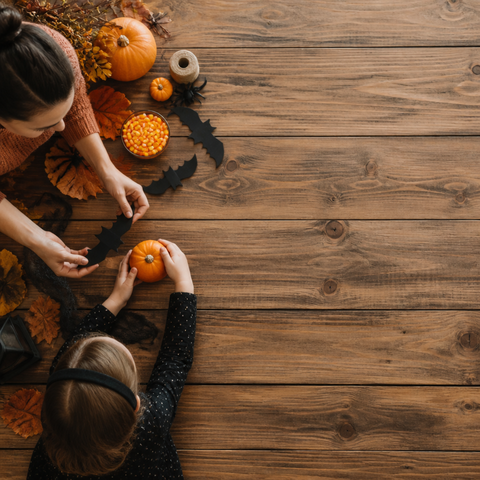 Children carving pumpkins overhead halloween table