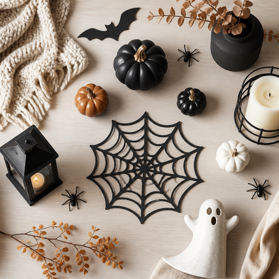 Cozy halloween flat lay ghost spiderweb pumpkins
