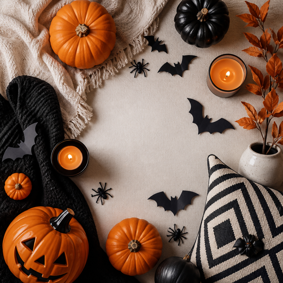Cozy halloween pumpkin flat lay blanket background