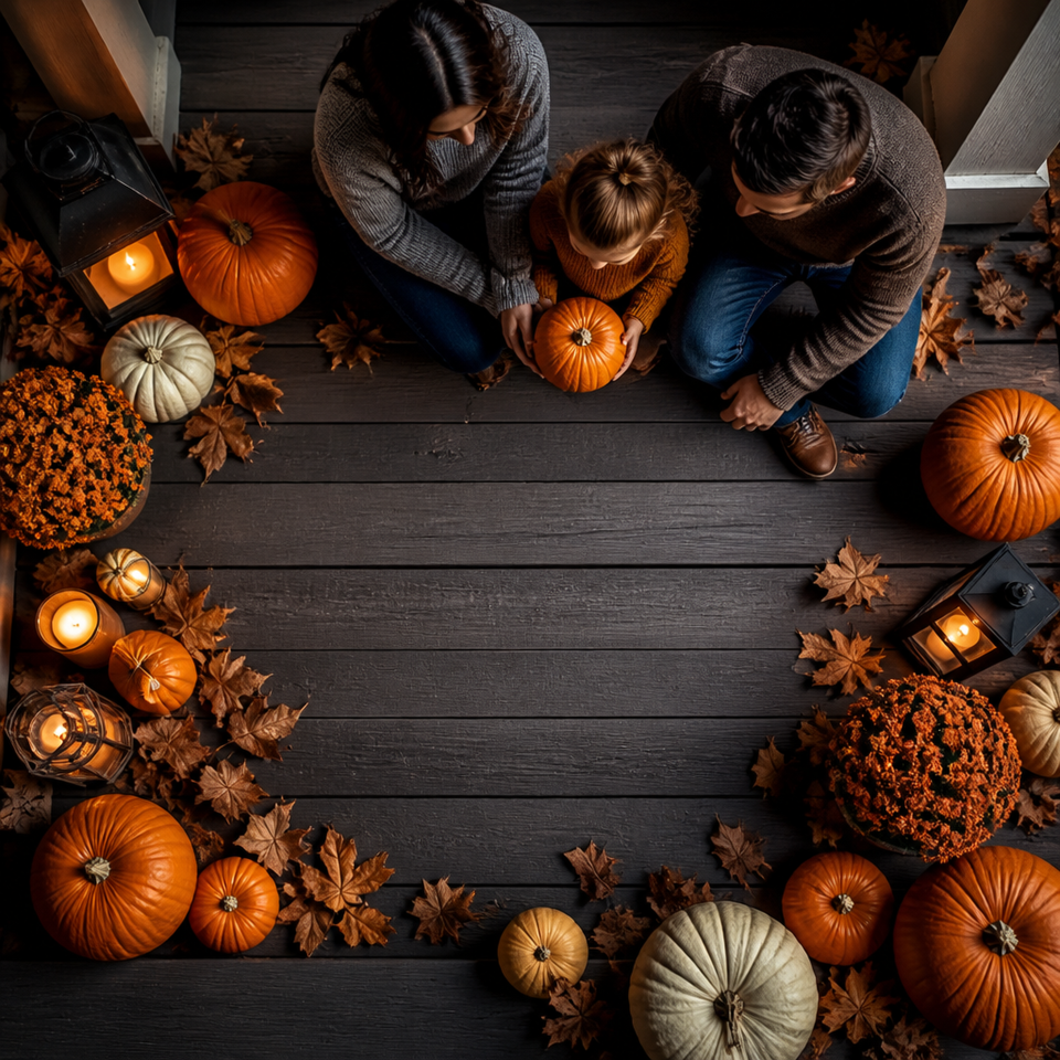 Family pumpkin carving overhead autumn table