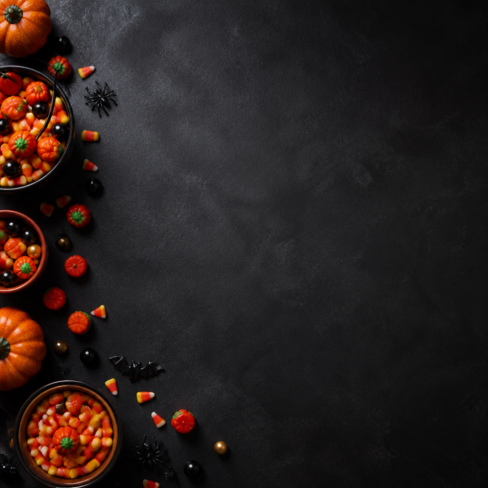 Halloween candy left border dark copy space