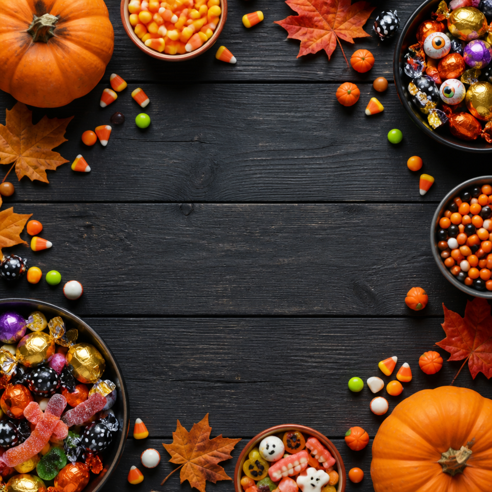 Halloween candy pumpkin black wood flat lay