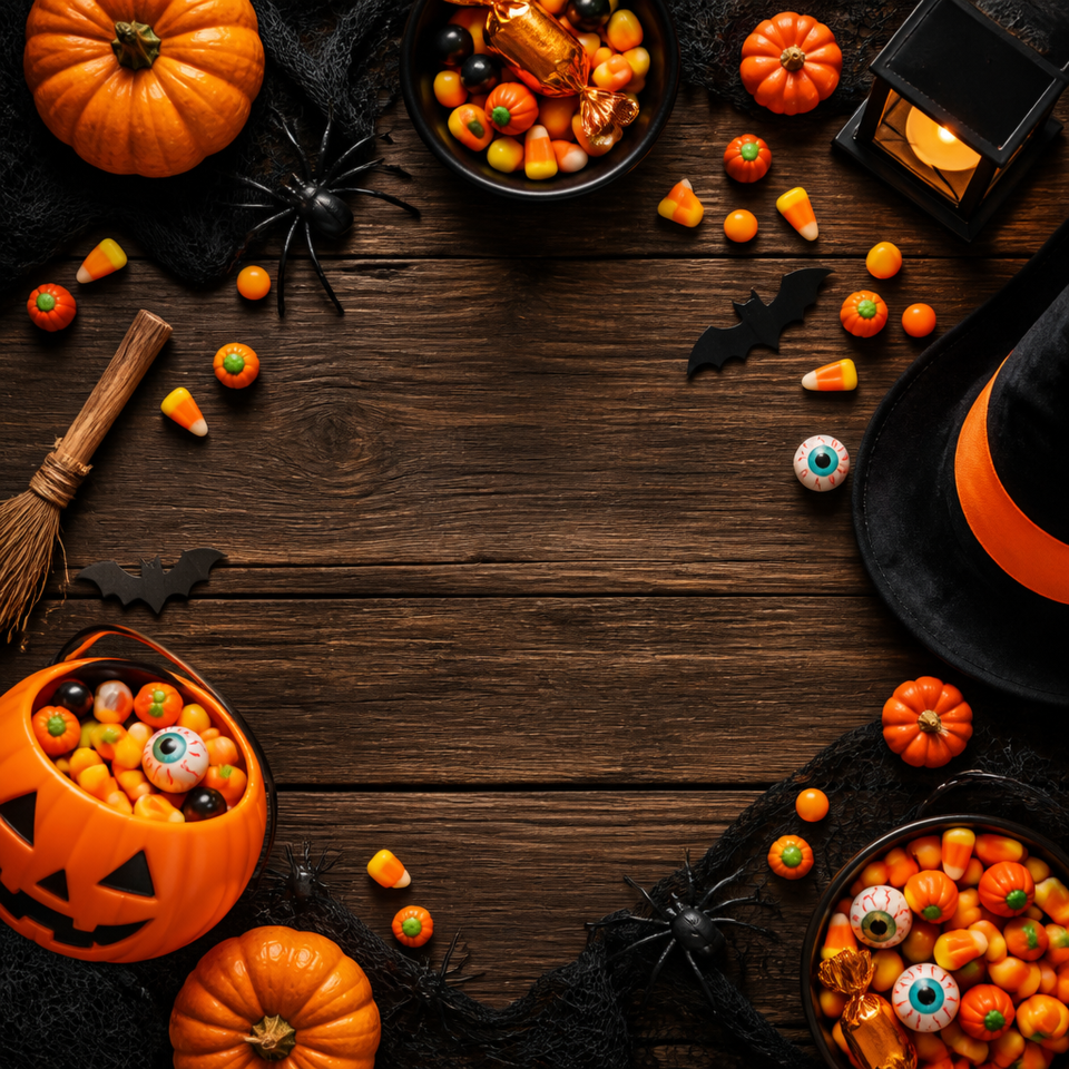 Halloween candy pumpkin rustic wood flat lay