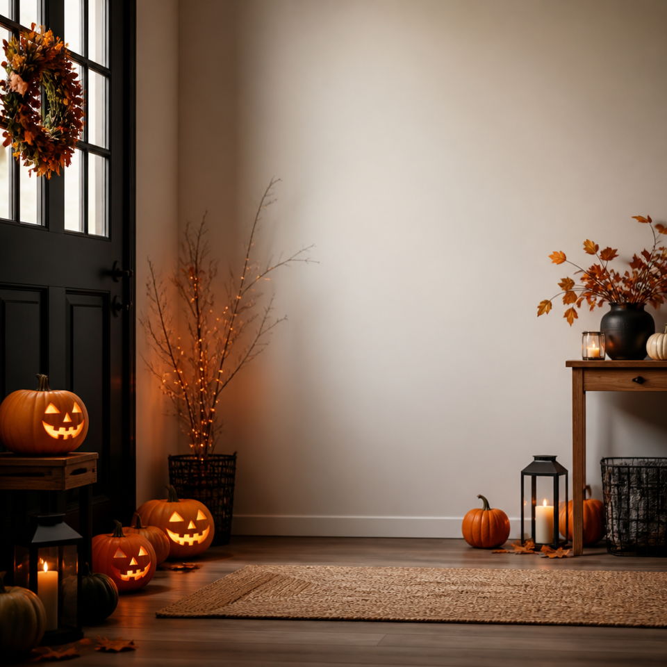 Halloween entryway pumpkin lantern copy space