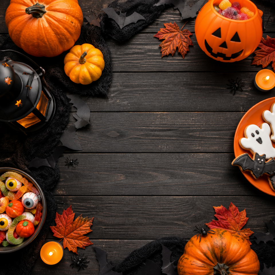 Halloween jack o lantern ghost cookie wood background