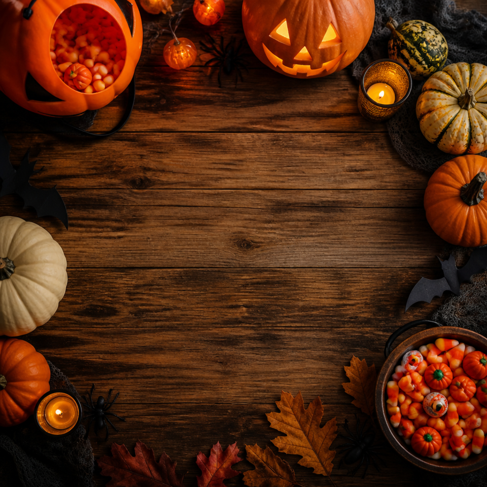 Halloween pumpkin candy rustic wood copy space