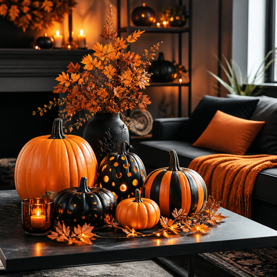 Halloween pumpkin centerpiece cozy living room