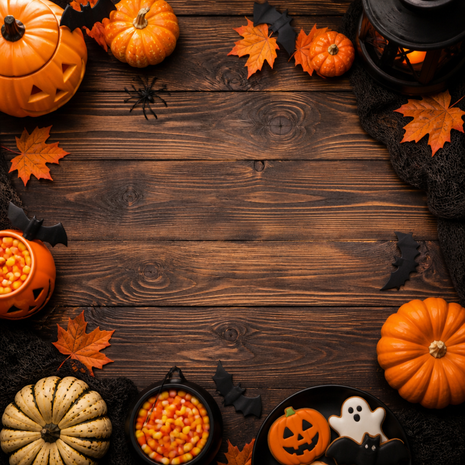 Halloween pumpkin ghost candy rustic wood background