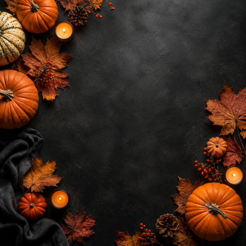 Halloween pumpkin leaves dark copy space border