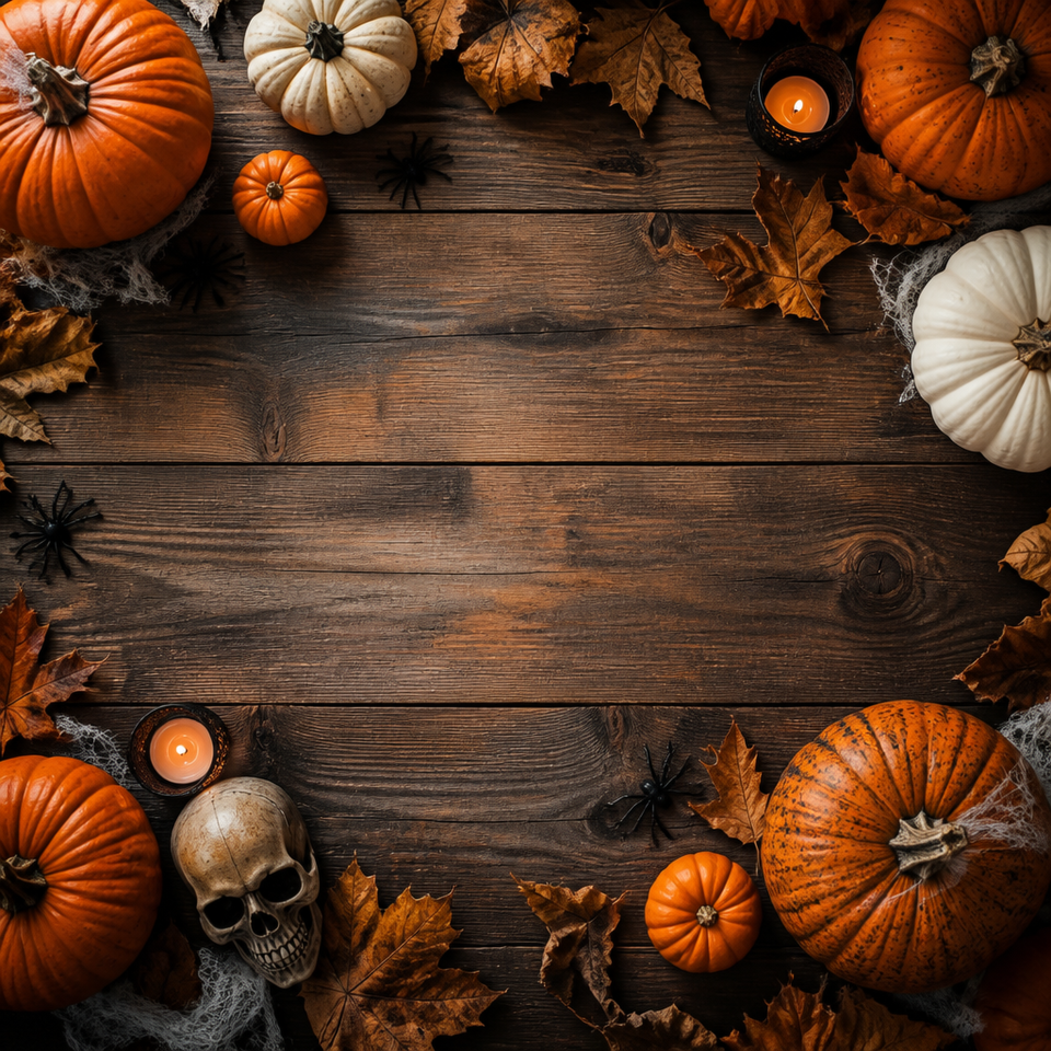 Halloween pumpkin skull rustic wood background