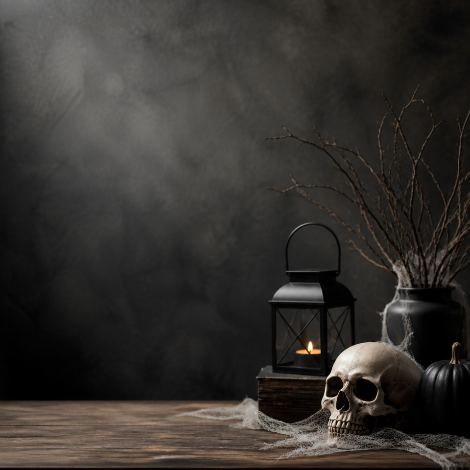Halloween skull lantern dark still life background