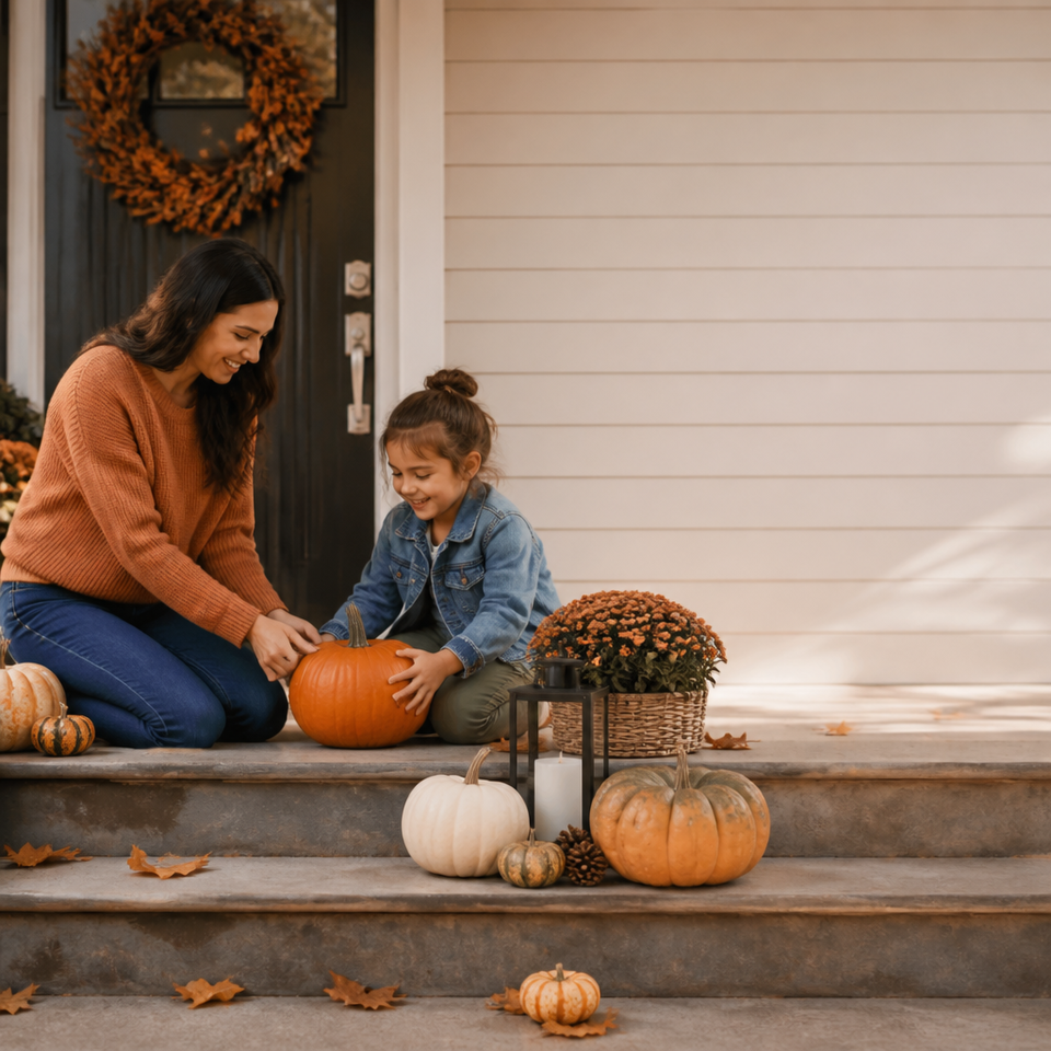 Mother child carving pumpkin autumn front steps