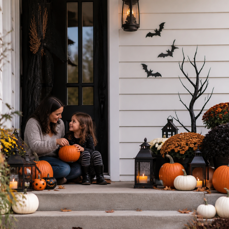 Mother daughter carving pumpkin halloween front steps