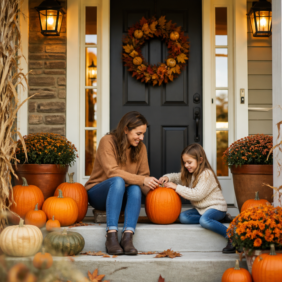 Mother daughter carving pumpkin halloween porch