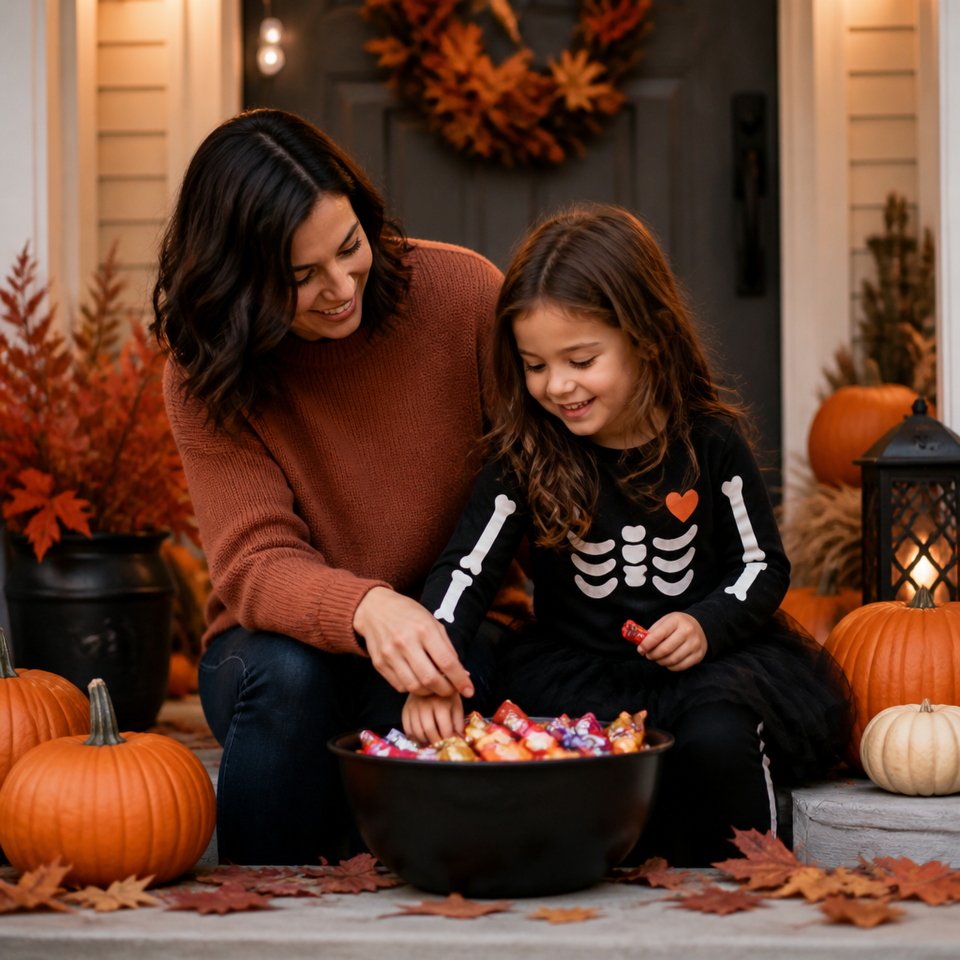Mother daughter halloween candy front porch