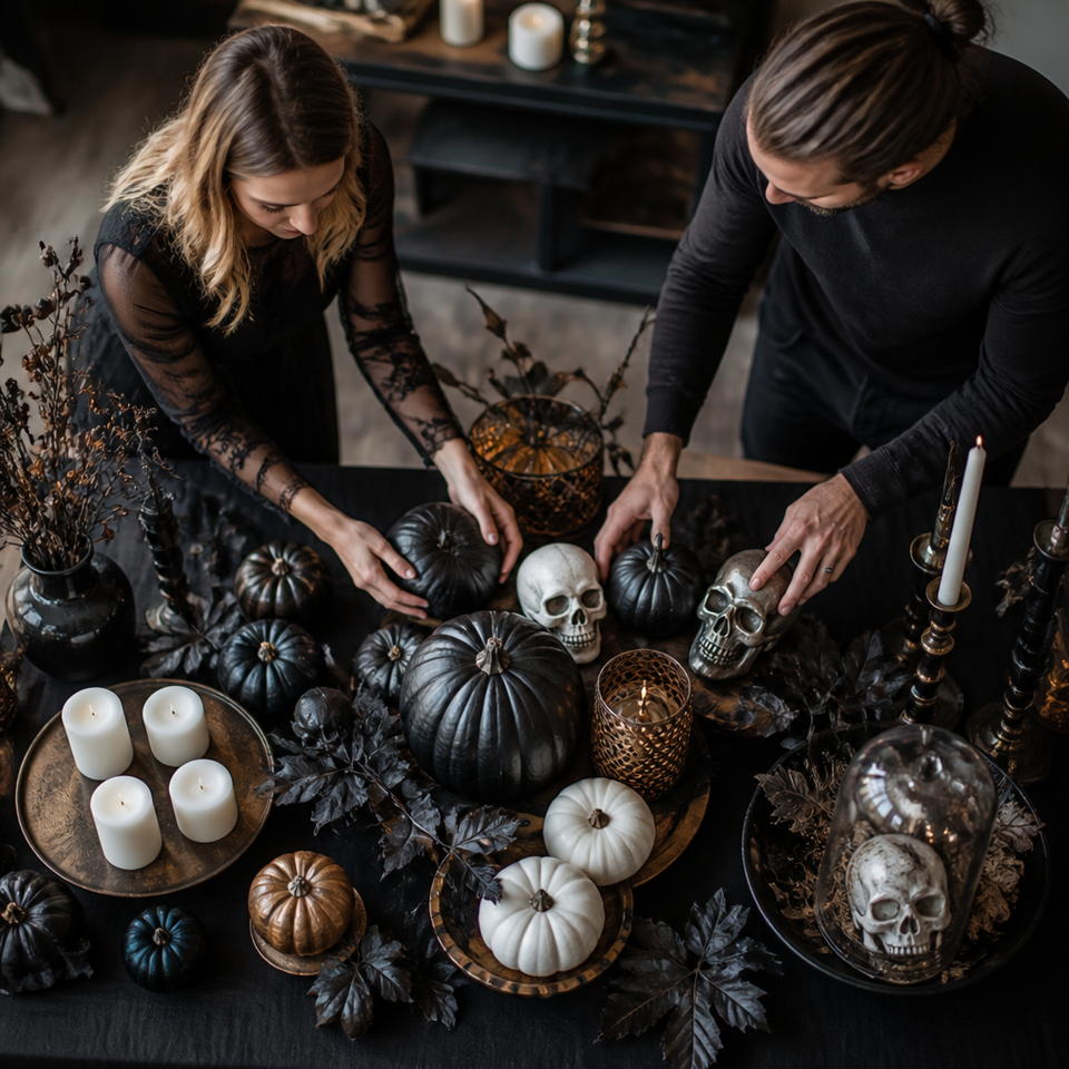 Man woman arranging black pumpkins skulls halloween table