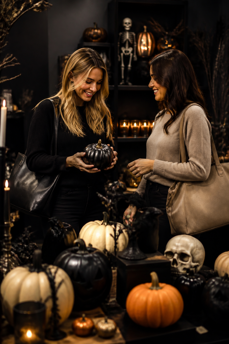 Two women shopping halloween pumpkins skulls store